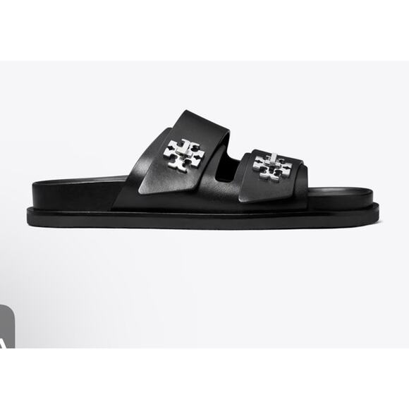 Tory Burch TURNLOCK SPORT SLIDE Black Leather Sz 9.5 Silver Logo Hardware - Picture 2 of 14